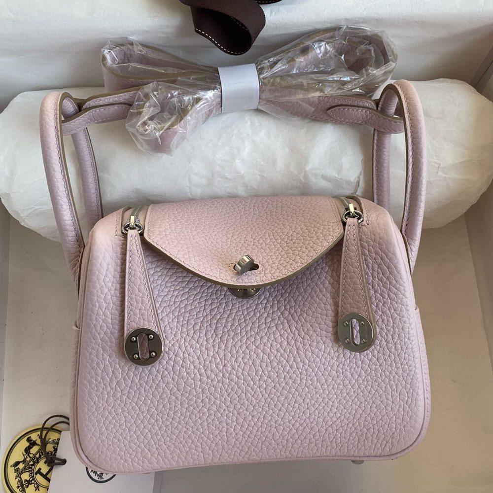 Hermes Mini Lindy Handmade Bag in Mauve Pale Clemence Leather