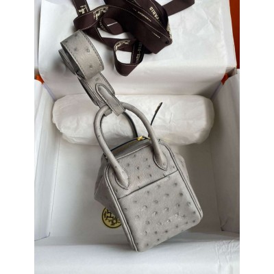 Hermes Mini Lindy Handmade Bag In Pearl Grey Ostrich Leather