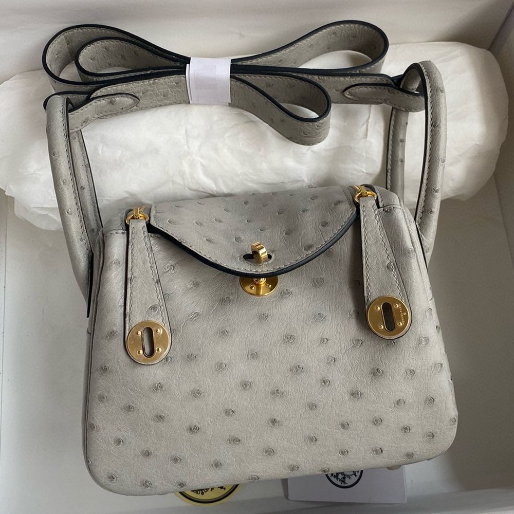 Hermes Mini Lindy Handmade Bag In Pearl Grey Ostrich Leather