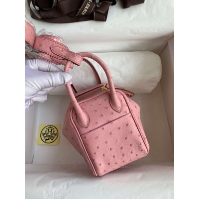 Hermes Mini Lindy Handmade Bag In Rose Sakura Ostrich Leather