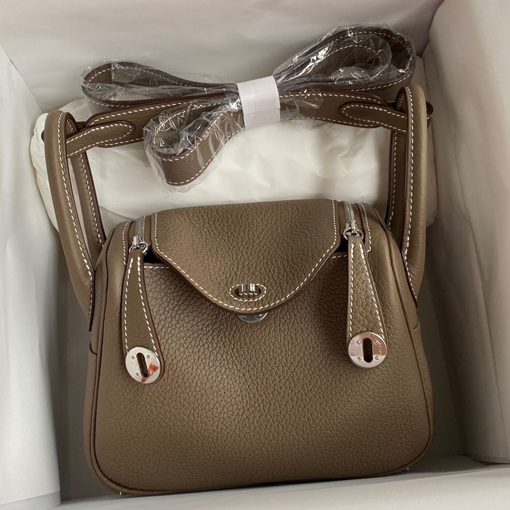 Hermes Mini Lindy Handmade Bag In Taupe Clemence Leather