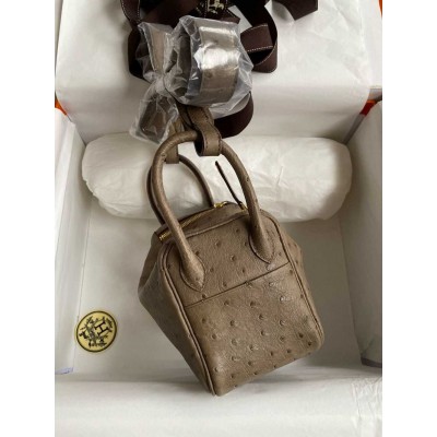 Hermes Mini Lindy Handmade Bag In Taupe Ostrich Leather