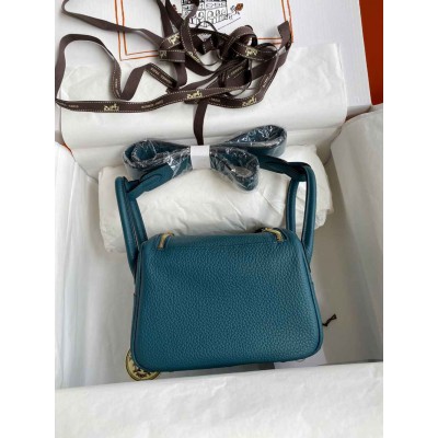 Hermes Mini Lindy Handmade Bag In Vert Bosphore Clemence Leather