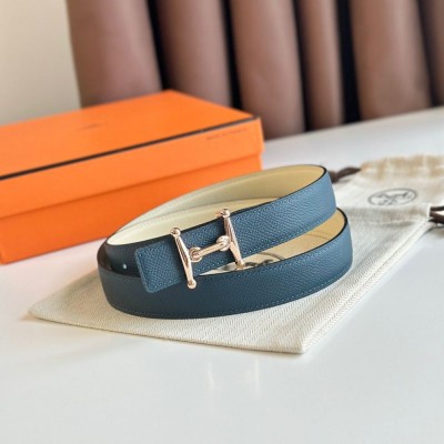 Hermes Mors H 24mm Reversible Belt in Blue and White Epsom Leather