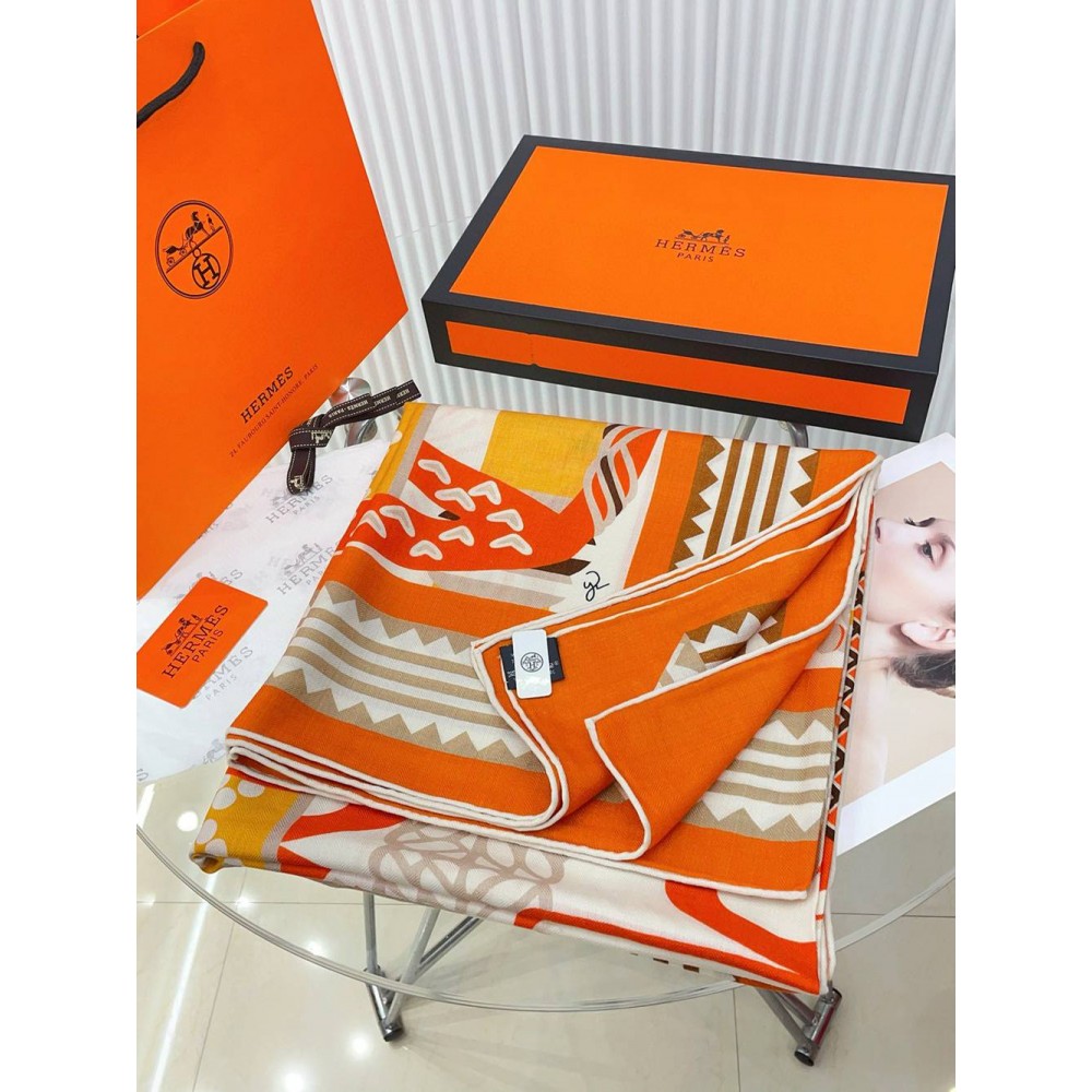 Hermes Orange Fantaisie d Etriers Shawl 140