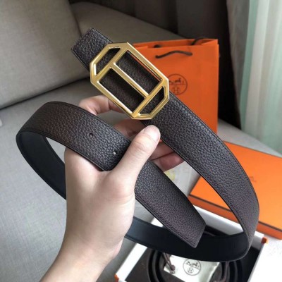 Hermes Pad Reversible Belt In Cafe Clemence Leather