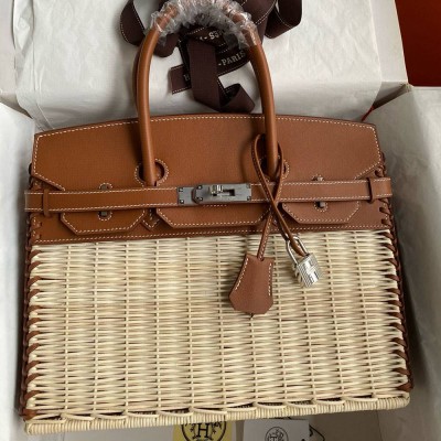 Hermes Picnic Birkin 30 Bag in Wicker with Barenia Leather