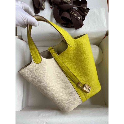 Hermes Picotin Lock 18 Bicolor Handmade Bag in Craie and Lime Clemence Leather