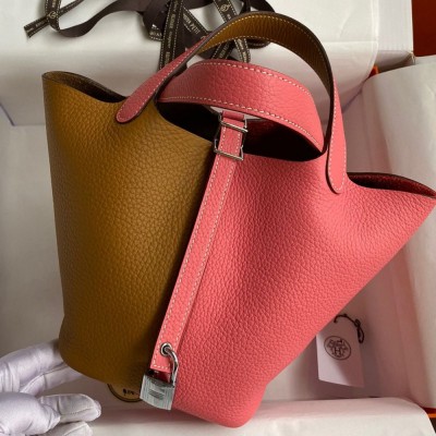 Hermes Picotin Lock 18 Bicolor Handmade Bag in Sesame and Rose Azalee Clemence Leather