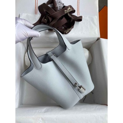 Hermes Picotin Lock 18 Handmade Bag in Blue Brume Clemence Leather