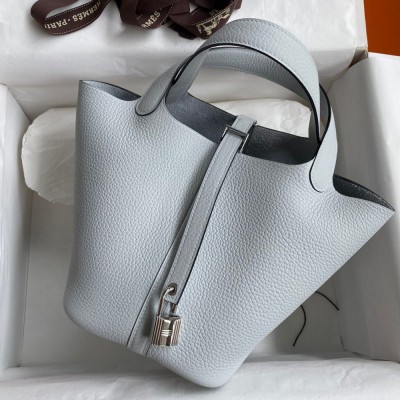 Hermes Picotin Lock 18 Handmade Bag in Blue Brume Clemence Leather