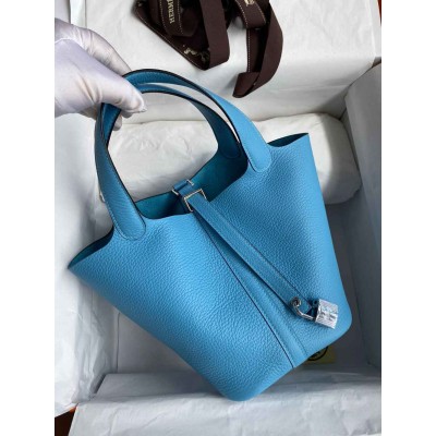 Hermes Picotin Lock 18 Handmade Bag in Blue du Nord Clemence Leather