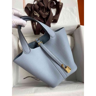 Hermes Picotin Lock 18 Handmade Bag in Blue Lin Clemence Leather