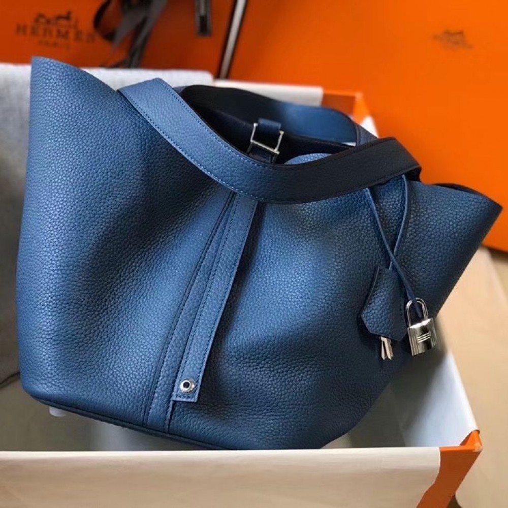 Hermes Picotin Lock 22 Bag In Blue Agate Clemence Leather