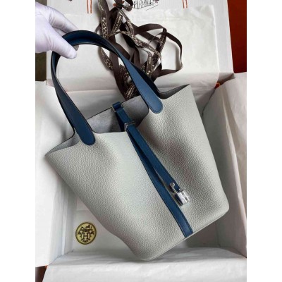 Hermes Picotin Lock 22 Bicolor Handmade Bag in Gris Mouette and Blue Agate Swift Leather