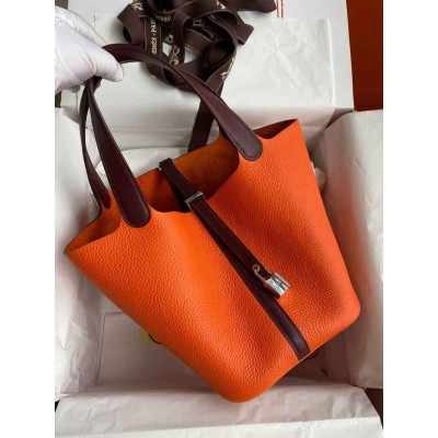 Hermes Picotin Lock 22 Bicolor Handmade Bag in Orange and Burgundy Swift Leather