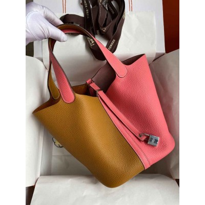 Hermes Picotin Lock 22 Bicolor Handmade Bag in Sesame and Rose Azalee Clemence Leather