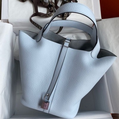 Hermes Picotin Lock 22 Handmade Bag in Blue Brume Clemence Leather