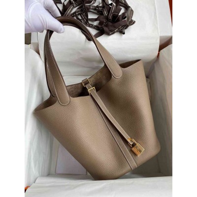 Hermes Picotin Lock 22 Handmade Bag in Taupe Clemence Leather