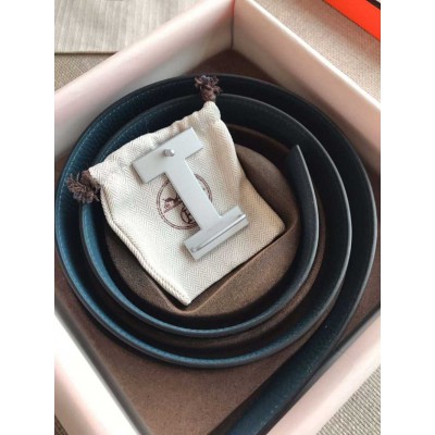 Hermes Quizz 32mm Reversible Belt In Blue Clemence Leather