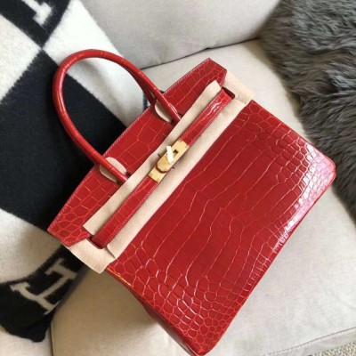 Hermes Birkin 30 Handmade Bag In Red Crocodile Niloticus Shiny