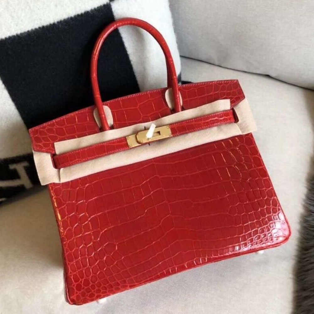 Hermes Birkin 30 Handmade Bag In Red Crocodile Niloticus Shiny