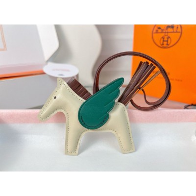 Hermes Rodeo Pegase PM Bag Charm in Craie/Chocolat/Green Lambskin