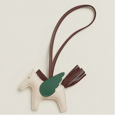 Hermes Rodeo Pegase PM Bag Charm in Craie/Chocolat/Green Lambskin