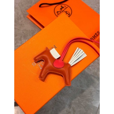 Hermes Rodeo PM Bag Charm in Cornaline/Craie/Rose Lambskin