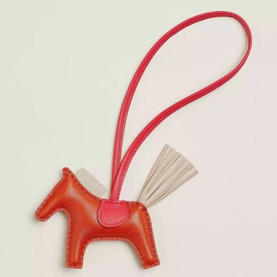 Hermes Rodeo PM Bag Charm in Cornaline/Craie/Rose Lambskin