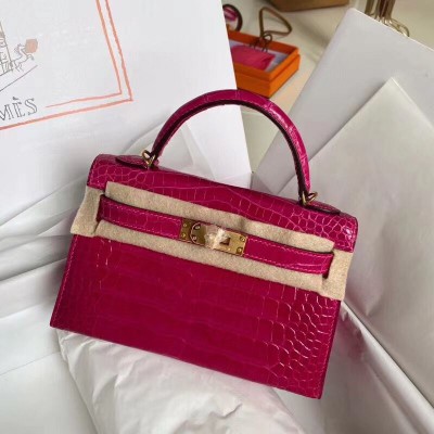 Hermes Kelly Mini II Handmade Bag In Rose Red Alligator Crocodile