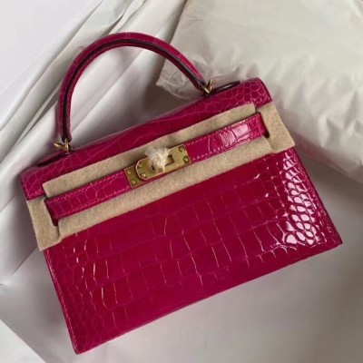 Hermes Kelly Mini II Handmade Bag In Rose Red Alligator Crocodile