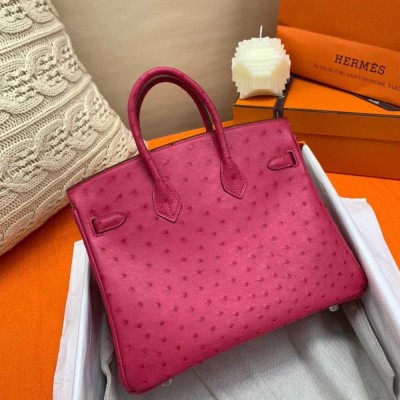 Hermes Birkin 25 Handmade Bag In Rose Red Ostrich Leather