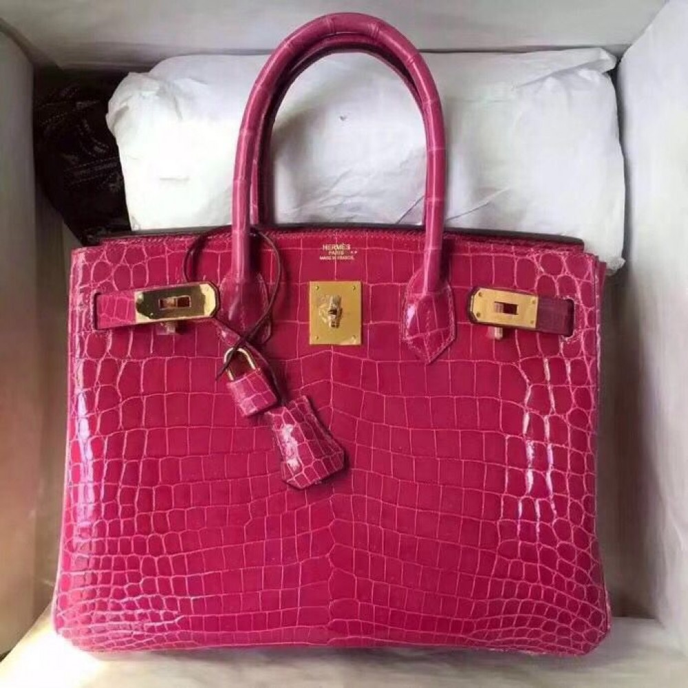 Hermes Birkin 30 Bag In Rose Red Crocodile Niloticus Shiny Skin