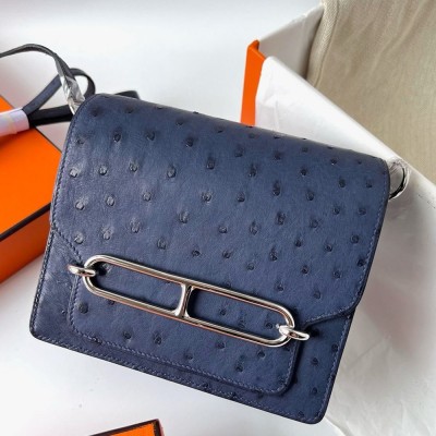 Hermes Roulis Mini 18 Bag in Blue Ostrich Leather