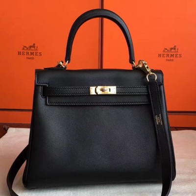 Hermes Kelly 25cm Retourne Handmade Bag In Black Swift Leather