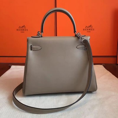 Hermes Kelly 25cm Retourne Handmade Bag In Grey Swift Leather