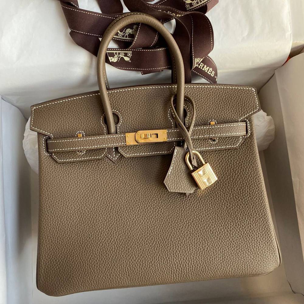 Hermes Birkin 25 Retourne Handmade Bag in Taupe Clemence Leather