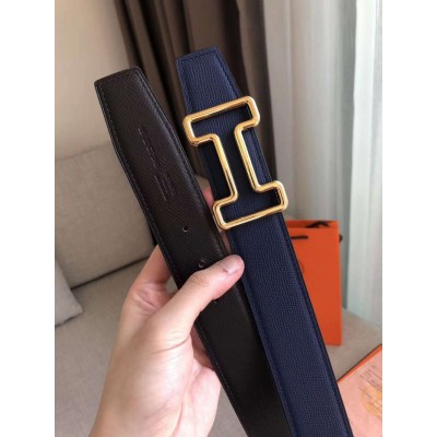 Hermes Tonight 38MM Reversible Belt In Navy/Black Epsom Leather