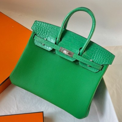 Hermes Touch Birkin 25 Bag in Bambou Clemence and Shiny Alligator Leather