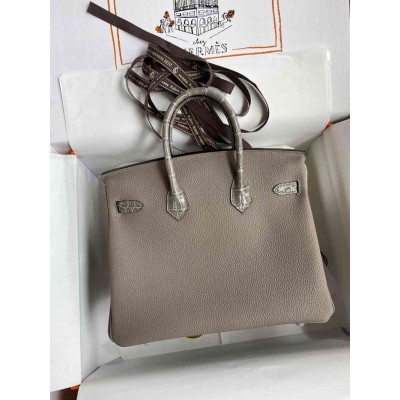 Hermes Touch Birkin 25 Bag In Gris Asphalt Shiny Niloticus Crocodile Skin