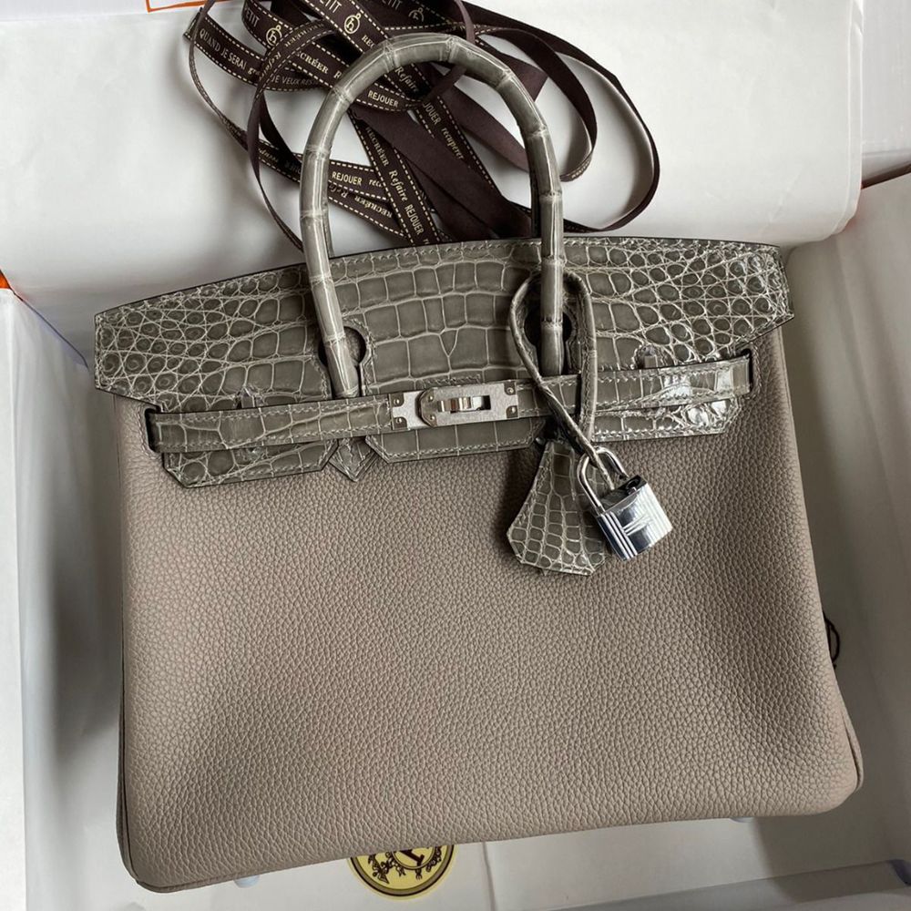 Hermes Touch Birkin 25 Bag In Gris Asphalt Shiny Niloticus Crocodile Skin