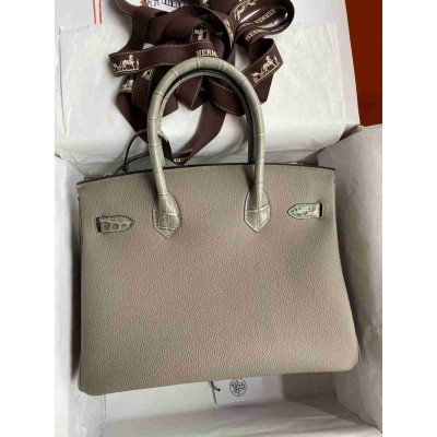 Hermes Touch Birkin 30 Bag In Gris Asphalt Clemence and Shiny Niloticus Crocodile Skin