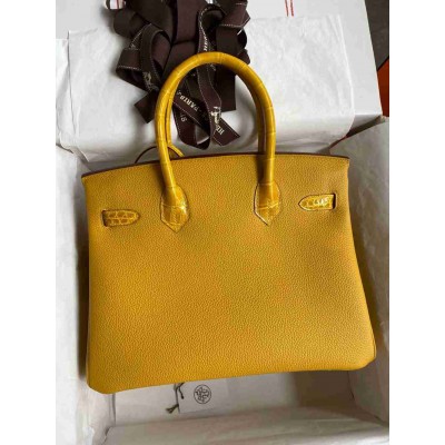 Hermes Touch Birkin 30 Bag In Yellow Clemence and Shiny Niloticus Crocodile Skin