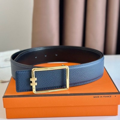 Hermes Tube H Reversible Belt 38MM in Blue Clemence Leather