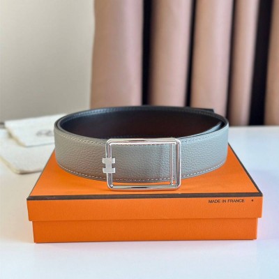 Hermes Tube H Reversible Belt 38MM in Grey Clemence Leather