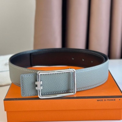 Hermes Tube H Reversible Belt 38MM in Grey Clemence Leather