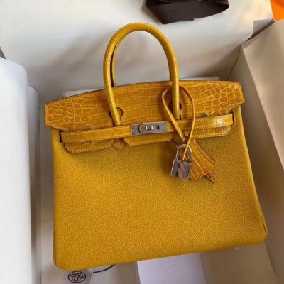 Hermes Touch Birkin 25 Bag In Yellow Shiny Niloticus Crocodile Skin